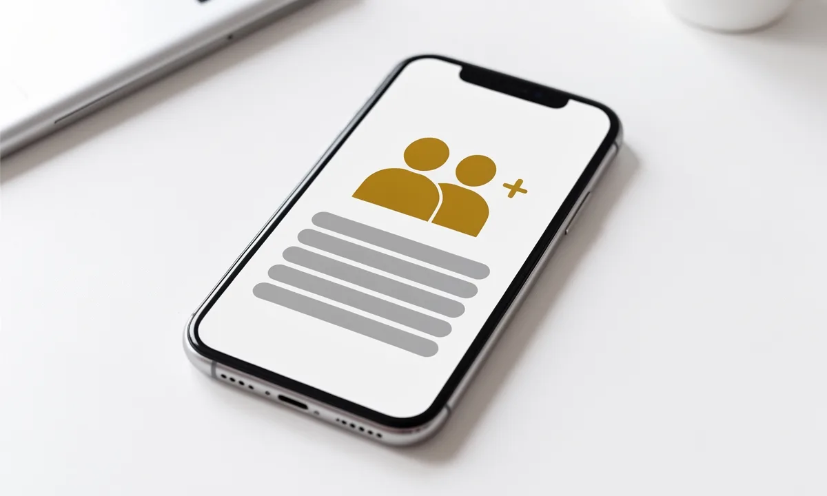 Illustration: a phone on a desk showing an outline of two people with a plus sign