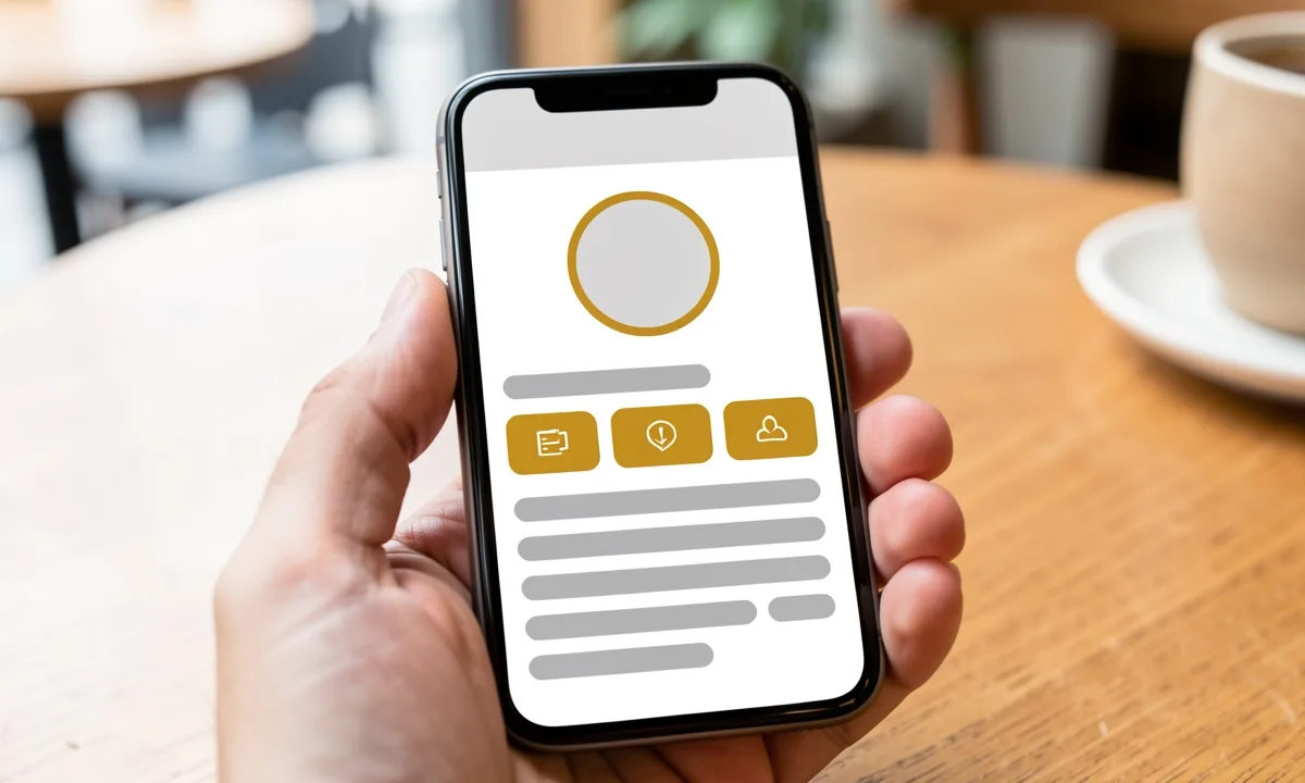 Illustration: a phone held at a cafe table, showing a profile screen with an empty round avatar ring and three buttons