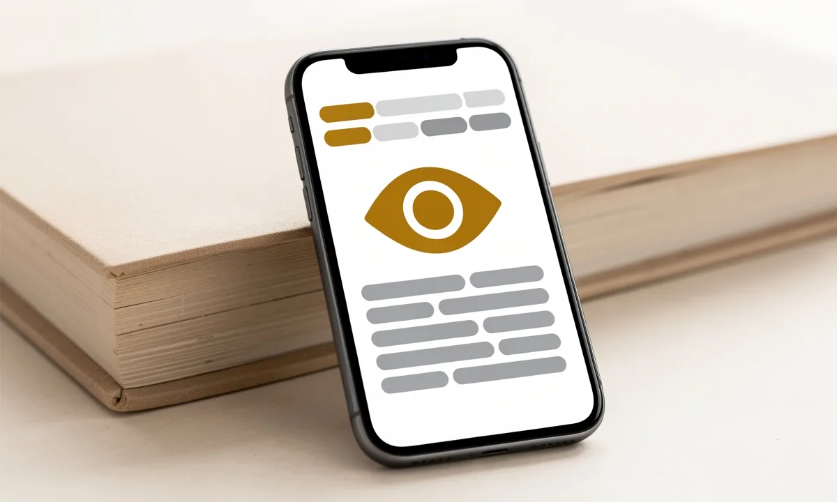 Illustration: a phone leaning on a book, showing story progress bars and a large eye icon