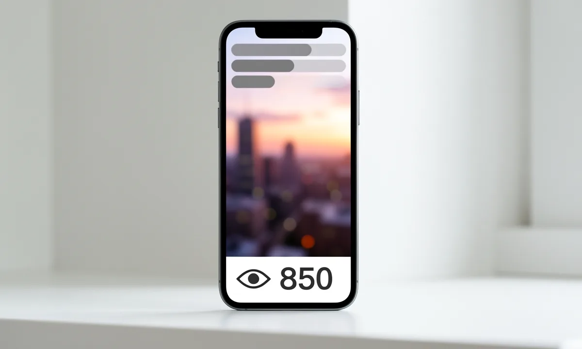 Illustration: a phone standing on a shelf, showing a story with progress bars at the top and an eye icon with a view count